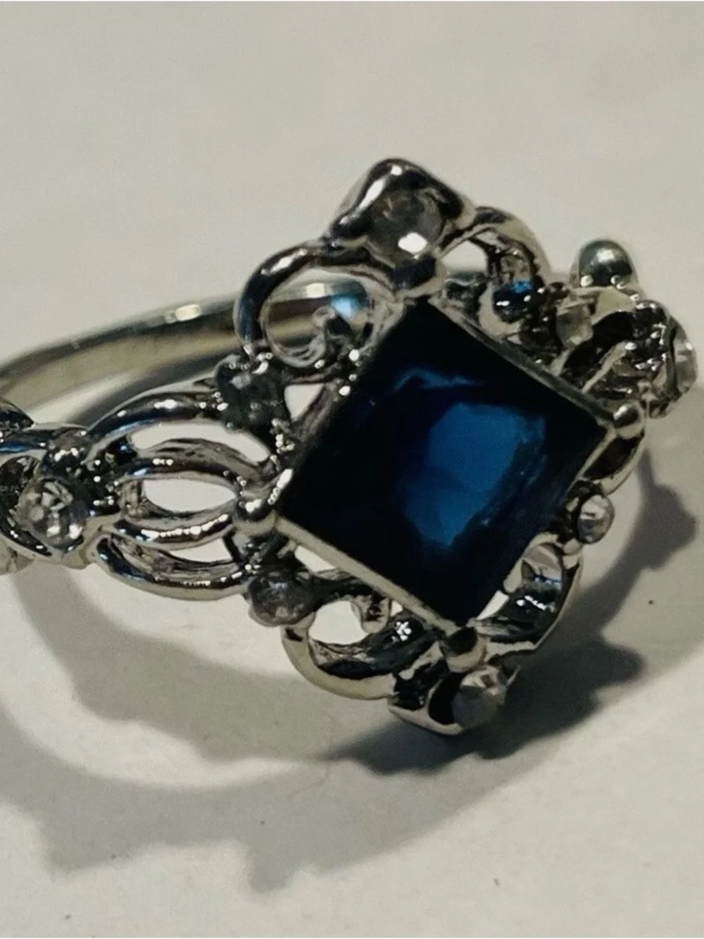 Vintage Filigree Silver Ring w/Blue Sapphire Crystal NWOT